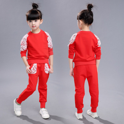 韩国童装儿童套装 2016秋款女童蕾丝中小套装新品学生服校服红色