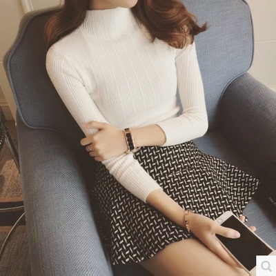 2015冬装新款韩版竖纹纯色半高领修身长袖打底针织衫女毛衣