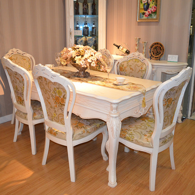 欧式餐桌实木 奢华仿古 田园风格家具套装 雕花 白色长方形