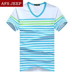 2015夏季新款AFS JEEP战地吉普V领男士t恤短袖 时尚潮流条纹体恤