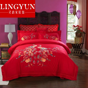 大红色结婚用床上用品蕾丝边刺绣全棉四件套活性活性床单婚庆套件