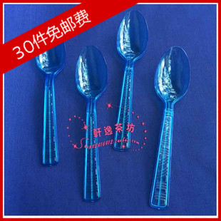 新款 一次性塑料勺 蓝色花纹柄甜品勺 加厚刨冰勺 西餐勺 饭勺