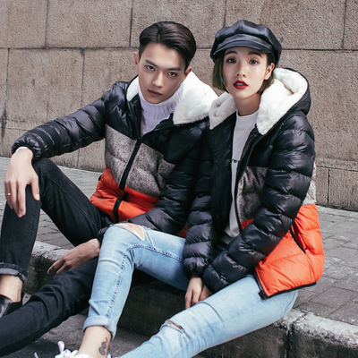 2015冬季情侣装连帽加厚保暖中短款棉衣男女学生韩版修身棉服外套