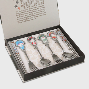 国粹脸谱京剧人物不锈钢叉勺筷三件套企业赠送商务礼品餐具套装