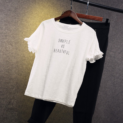 2015春夏新款甜美花边荷叶袖韩版时尚英文字母显瘦圆领短袖T恤
