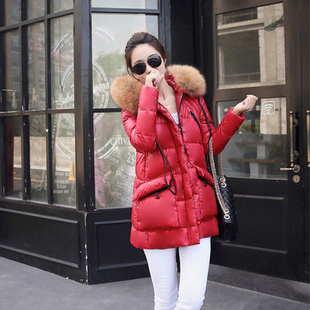 2015新款韩版夹克超大真貉子毛领羽绒服女修身加厚中长款