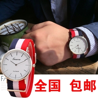 英伦欧美国旗帆布手表彩条韩版复古超薄学生情侣大表盘尼龙带手表