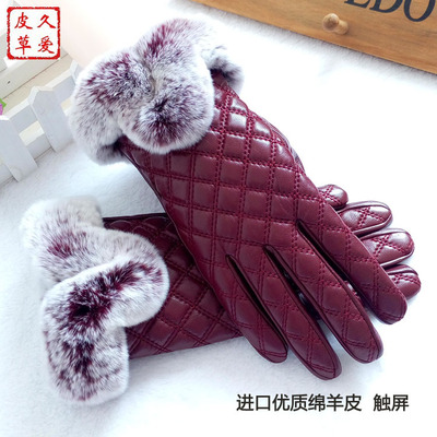 2015新款秋冬季触屏真皮手套 女士獭兔毛边菱形块进口绵羊皮手套