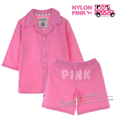 韩国代购进口夏款NYLON PINK正品短款格子纯棉家居服女士睡衣套装