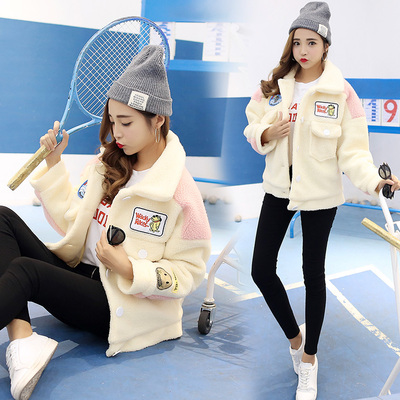 2016冬季新款韩版学院风贴标加厚翻领羊羔毛棉衣棉服外套女棒球服