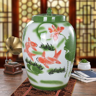 景德镇50斤手工雕刻盖米缸米桶茶叶末釉瓷器储物瓷罐防虫防潮缸