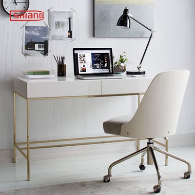 北欧现代简约金色不锈钢白色烤漆书房写字台卧室电脑桌办公书桌