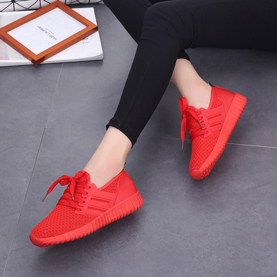 小红鞋夏季男女椰子鞋飞织网布透气运动鞋跑步休闲厚底大红色板鞋