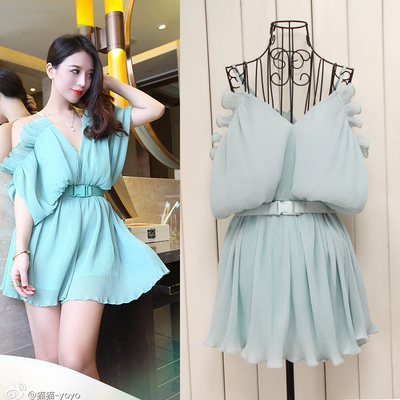 2015夏季新款VIVI韩版女修身显瘦风琴吊带无袖雪纺礼服公主连衣裙