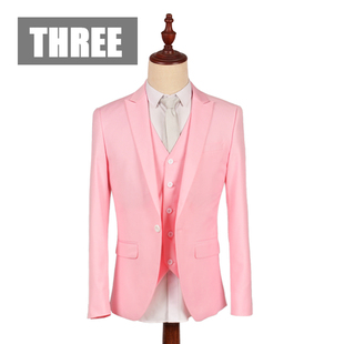 THREE 韩版大牌走秀街拍粉色男士修身西服 欧美英伦瘦身骚粉西装