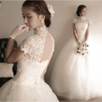 钻石蕾丝韩式公主新娘绑带一字肩婚纱礼服2016春夏新款影楼结婚