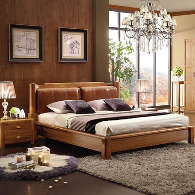 全实木真皮床  中式全橡木头层牛皮软靠背1.8米卧室双人床  婚床