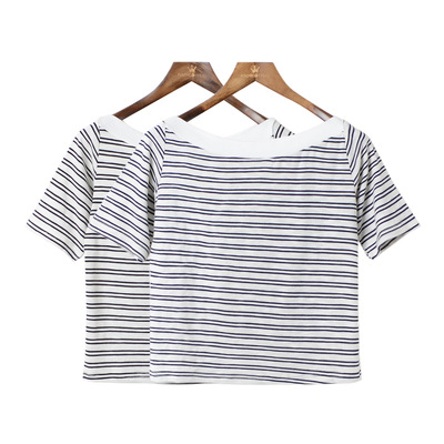 条纹控2016夏季新款韩版修身显瘦弹力一字领条纹短袖短款女T恤