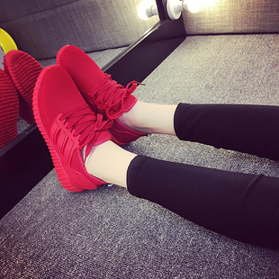 2016秋季红色运动鞋平底系带字母休闲黑色跑步网鞋明星款椰子鞋女