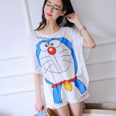 夏季韩版可爱机器猫女士牛奶丝睡衣女卡通短袖短裤学生家居服套装