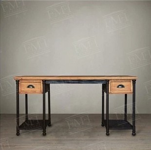 美式乡村办公桌实木写字台书桌工业风格铁艺电脑抽屉桌