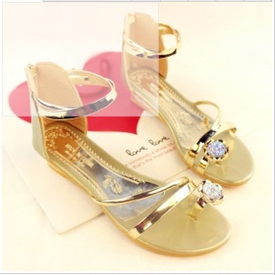 包邮韩版夏季时尚水钻套趾坡跟女鞋子后拉链中跟女式凉鞋金色银色