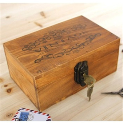 包邮 zakka带锁小木盒桌面收纳盒明信片收藏盒做旧复古木盒子