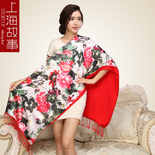 上海故事丝巾 双层仿真丝围巾女 两面可用女士长款大披肩厂家直销