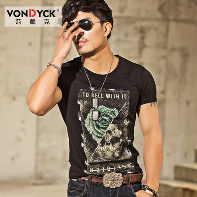 VONDYCK/范戴克玫瑰花男个性潮t恤 时尚韩版修身短袖T恤 半袖体恤