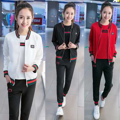 2016秋冬季学生跑步修身显瘦长袖开衫三件套韩版女休闲运动服套装