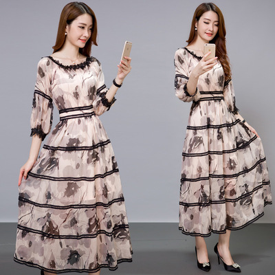 2015秋季韩版大码女装印花连衣裙超长款显瘦长裙真丝雪纺两件套装