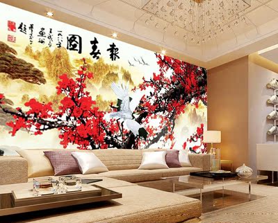 中式壁画电视背景墙纸酒店大堂餐厅客厅卧室自粘无缝无纺壁纸墙布