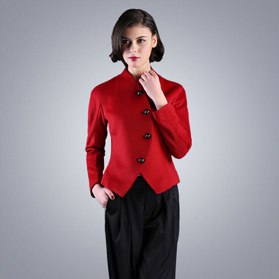 TDET2015秋冬新款毛呢外套红色短款韩版修身显瘦时尚羊毛大衣包邮