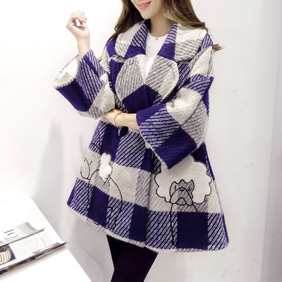 2015冬装新款韩版宽松显瘦中长款格子毛呢外套羊毛西装领大衣女潮