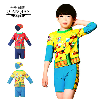 2015新款韩版儿童泳衣男童分体平角泳衣中大童卡通长袖防晒服泳装