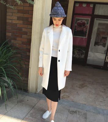 LINER原创设计2016秋冬款简约西装领长款空气层白色大衣外套女