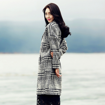 新款秋冬韩版学院风千鸟格外套文艺复古气质格子长款羊绒毛呢外套