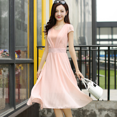 2015夏季新款女装韩版时尚纯色百褶裙子修身显瘦中长款雪纺连衣裙