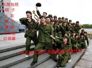 文革红卫兵红军老兵演出服老款绿军装忠字舞表演服60年代雷锋服