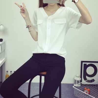 2016实拍夏装新款韩版白色口袋长袖衬衫V领雪纺衫上衣学