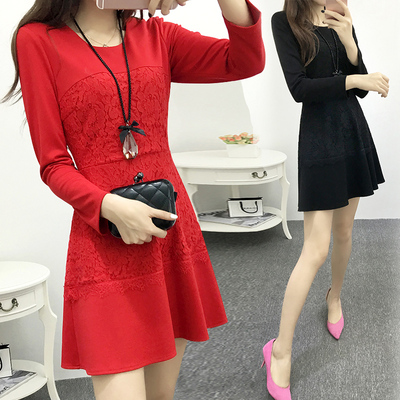 2016春季新款女装韩版时尚小香风长袖修身显瘦蕾丝打底连衣裙