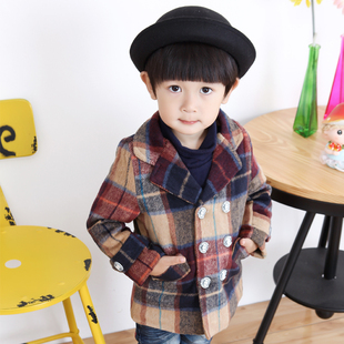 2015冬季男童装韩版双排扣格子加厚毛呢外套翻领尖领儿童宝宝大衣