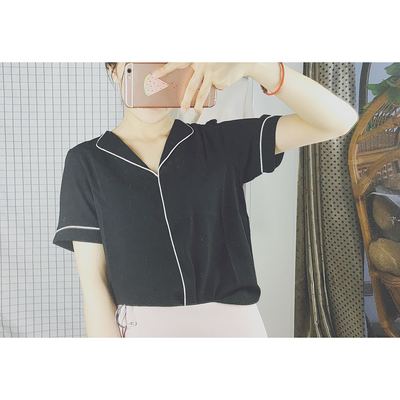 【YATAO】韩国定制 东大门夏季新款短袖衬衫女直筒单排扣v字领衬