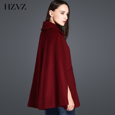 HZVZ欧美简约2015秋冬新款羊绒斗篷披肩毛呢子外套女装中长款大衣