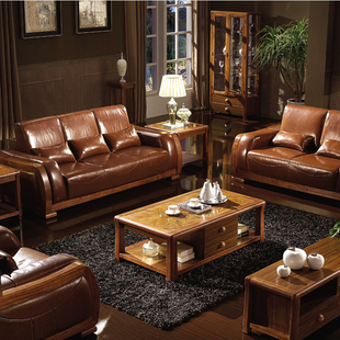 现代中式全实木真皮沙发  头层牛皮乌金木色沙发 客厅123组合沙发
