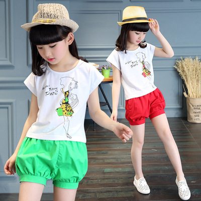 2016夏季新款 女童短袖T恤两件套 韩版儿童短裤全棉女孩子童装