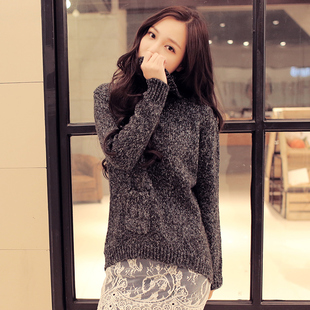 韩国加厚高领毛衣 秋冬新款韩版宽松口袋设计套头长款毛衣外套女