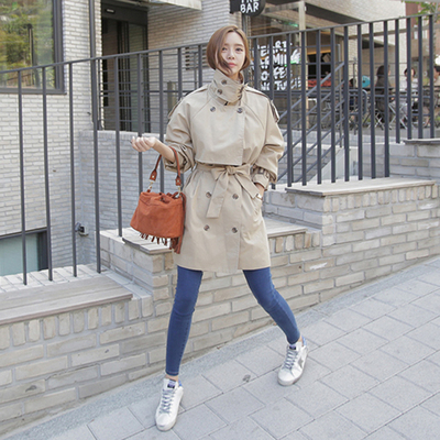 2016秋装新款韩版大牌范系带显瘦中长款双排扣纯色女式风衣外套女