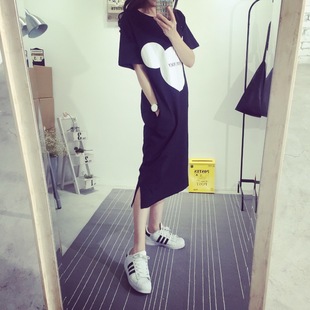 2015夏季新品女装 韩版可爱卡通米奇印花开叉中长款短袖T恤连衣裙