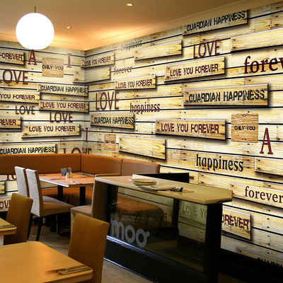 个性3D立体壁纸复古牛仔服装店背景墙纸西餐厅金属字母墙壁画自粘